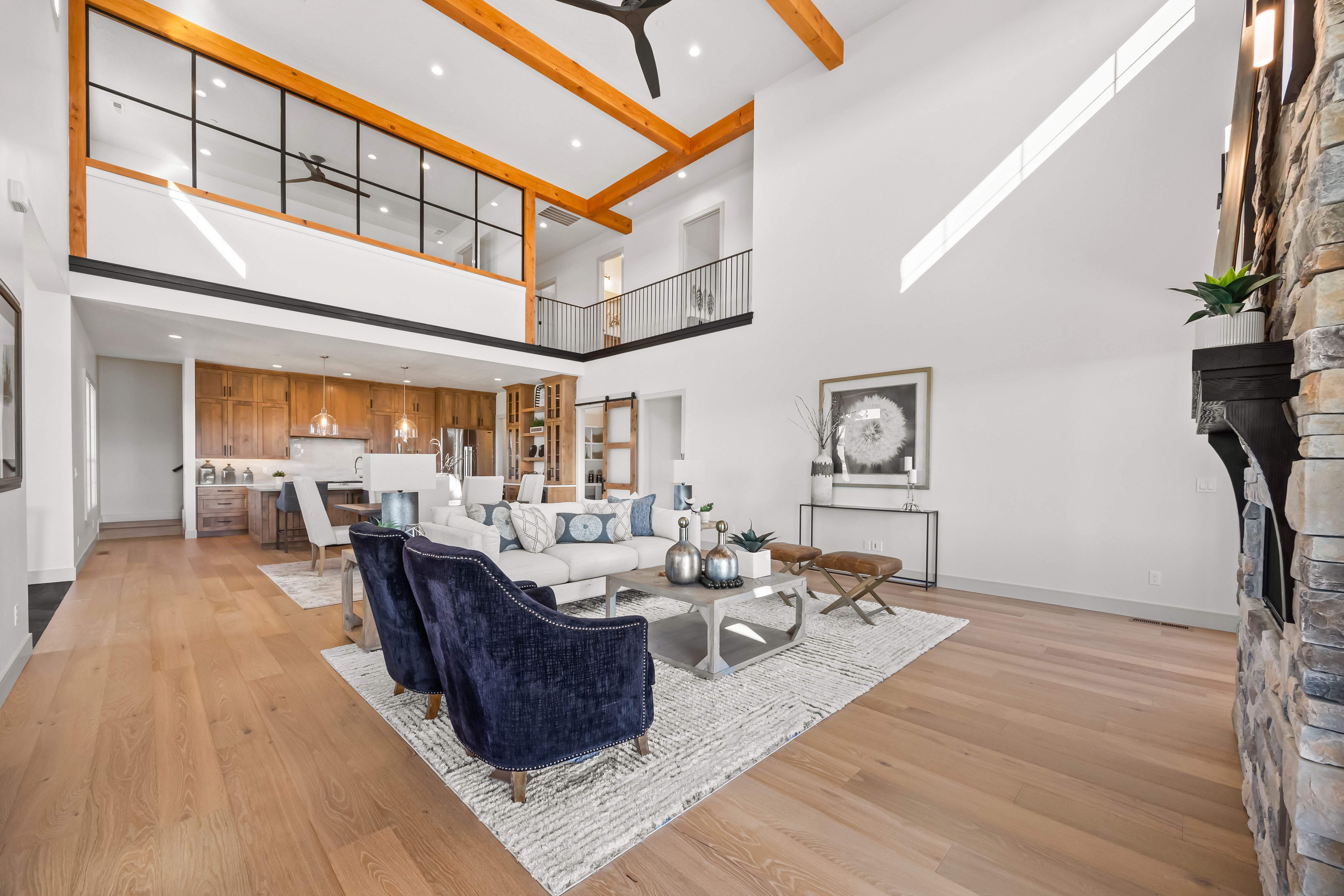 The Barn interior — overhead lighting and epoxy floor reflection